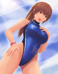 Rule 34 | 1girl, bad id, bad pixiv id, blue one-piece swimsuit, blush, bracelet, breasts, brown eyes, brown hair, cloud, competition swimsuit, cowboy shot, dead or alive, from below, hair ribbon, hand on own chest, hand on own hip, highleg, highleg swimsuit, jewelry, kasumi (doa), large breasts, lens flare, long hair, one-piece swimsuit, open mouth, ponytail, rakuto (rising racto), ribbon, sky, smile, solo, standing, swimsuit, tecmo, teeth, upper teeth only