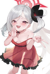 Rule 34 | 1girl, absurdres, backlighting, bare shoulders, black flower, blue archive, blush, breasts, commentary request, dress, fang, flower, grey hair, hair flower, hair ornament, halo, hand to own mouth, highres, jixo (user nzhc8728), long hair, looking at viewer, mesugaki, mutsuki (blue archive), off-shoulder dress, off shoulder, open mouth, parted bangs, purple eyes, red dress, red halo, see-through, see-through dress, see-through silhouette, side ponytail, simple background, sleeveless, sleeveless dress, small breasts, smile, solo, standing, thigh strap, v, white background