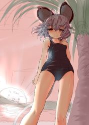 Rule 34 | 1girl, animal ears, bare legs, bare shoulders, beach, female focus, grey hair, ishikkoro, mouse ears, mouse tail, nazrin, ocean, one-piece swimsuit, outdoors, palm tree, red eyes, school swimsuit, short hair, sketch, solo, swimsuit, tail, touhou, tree