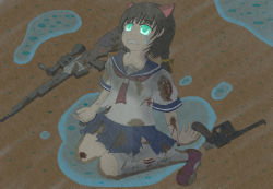 Rule 34 | 1girl, animal ears, black hair, blood, braid, cat ears, crying, from above, green eyes, gun, guro, hair ribbon, highres, milly (paperman), on floor, otoha007, pain, paper man, ribbon, rifle, school uniform, sitting, tears, torn clothes, twin braids, weapon