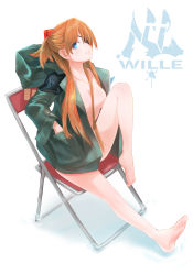 Rule 34 | 1girl, artist request, bare legs, barefoot, blue eyes, breasts, brown hair, chair, cowboy shot, evangelion: 3.0+1.0 thrice upon a time, eyepatch, from side, green jacket, hair over one eye, hands in pockets, highres, jacket, long hair, looking at viewer, medium breasts, naked jacket, navel, neon genesis evangelion, no bra, no panties, nude, open clothes, open jacket, rebuild of evangelion, shiny skin, simple background, solo, souryuu asuka langley, toes, white background