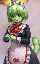 Rule 34 | 1girl, absurdres, alternate costume, apron, breasts, cellval, colored skin, commentary, enmaided, frilled apron, frills, green hair, green skin, hair between eyes, head wings, highres, japari symbol, kemono friends, long sleeves, looking at viewer, maid, maid headdress, medium breasts, open mouth, own hands together, red eyes, red neckwear, serval tail, short hair, signature, simple background, solo, tail, waist apron, welt (kinsei koutenkyoku), wings