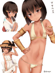 Rule 34 | 1girl, akino shuu, arm up, assal (sennen sensou aigis), bare arms, bare shoulders, black bow, black hair, bow, breasts, brown eyes, brown headwear, character name, chocolate banana, closed mouth, collarbone, commentary request, cropped torso, dark-skinned female, dark skin, dress, eating, hair between eyes, hair ornament, hairclip, hand on headwear, hand on own hip, hat, hat bow, japanese clothes, kimono, long sleeves, multiple views, navel, revealing clothes, sennen sensou aigis, simple background, sleeveless, sleeveless dress, small breasts, smile, straw hat, sundress, translation request, twitter username, upper body, white background, white dress, white kimono, wide sleeves