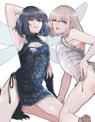 Rule 34 | 2boys, absurdres, arm behind head, arm up, bare shoulders, blonde hair, blue dress, blue eyes, china dress, chinese clothes, cleavage cutout, clothing cutout, commentary request, crossdressing, cutout, dress, dual persona, fate/grand order, fate (series), gold dress, grey hair, hand on own ass, hand on own hip, heels, highres, insect wings, looking at viewer, male focus, medium hair, multicolored clothes, multicolored dress, multiple boys, oberon (fate), oberon (third ascension) (fate), open mouth, pectoral cleavage, pectorals, print dress, sausu hitori, sleeveless, smile, teeth, thighs, trap, upper teeth only, white dress, white footwear, wings
