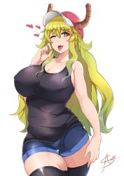 Rule 34 | 10s, 1girl, aori sora, bare shoulders, baseball cap, black thighhighs, blonde hair, blush, breasts, cleavage, curvy, gradient hair, green hair, hat, heart, highres, huge breasts, kobayashi-san chi no maidragon, long hair, looking at viewer, lucoa (maidragon), multicolored hair, one eye closed, open mouth, short shorts, shorts, signature, simple background, smile, solo, thick thighs, thigh gap, thighhighs, thighs, tongue, tongue out, white background, wide hips, yellow eyes