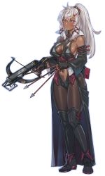 Rule 34 | 1girl, arrow (projectile), boots, bow (bhp), bow (weapon), breasts, commission, crossbow, dark-skinned female, dark skin, detached sleeves, fingerless gloves, full body, gloves, grey hair, hair between eyes, holding, holding arrow, holding crossbow, holding weapon, large breasts, long hair, looking at viewer, navel, original, ponytail, simple background, solo, standing, weapon, white background