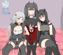 Rule 34 | 1boy, 3girls, age difference, bed, black hair, blush, breasts, child, cleavage, commander (girls&#039; frontline), executioner (girls&#039; frontline), girls&#039; frontline, gloves, griffin &amp; kryuger military uniform, hunter (girls&#039; frontline), meme, multiple girls, ouroboros (girls&#039; frontline), parody, rzv, sangvis ferri, smile, thighhighs, white hair