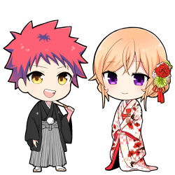 1boy 1girl :d blonde_hair closed_mouth floral_print floral_print_kimono flower full_body grey_skirt hair_flower hair_ornament highres holding japanese_clothes kimono long_sleeves multicolored_hair nakiri_erina open_mouth pleated_skirt purple_eyes red_flower red_hair shokugeki_no_souma short_hair simple_background skirt smile teeth toy-black two-tone_hair upper_teeth_only white_background wide_sleeves yellow_flower yukihira_souma