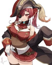 Rule 34 | 1girl, belt, blush, breasts, cleavage, covered navel, eyepatch, gloves, hair between eyes, hair ribbon, hand on own hip, hat, highres, hololive, houshou marine, jacket, kito koruta, large breasts, long hair, long sleeves, off shoulder, pirate hat, pleated skirt, red eyes, red hair, red skirt, ribbon, see-through, see-through cleavage, signature, simple background, skirt, smile, solo, thighhighs, twintails, virtual youtuber, white background, white gloves