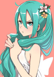Rule 34 | 1girl, aqua eyes, aqua hair, bare shoulders, blush, dress, flower, h2o (ddks2923), hair between eyes, hair flower, hair ornament, hatsune miku, highres, holding, holding own hair, long hair, looking at viewer, pink background, pout, simple background, sleeveless, sleeveless dress, solo, twintails, vocaloid, white dress