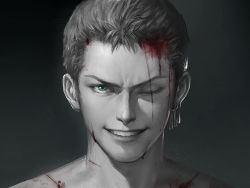 Rule 34 | 1boy, ;), aqua eyes, black background, blood, blood on face, dripping, earrings, green eyes, grin, injury, jewelry, kdash, light particles, looking at viewer, male focus, monochrome, one eye closed, one piece, parted lips, portrait, realistic, roronoa zoro, scar, scar across eye, scar on face, scratches, shade, smile, solo, spot color, teeth