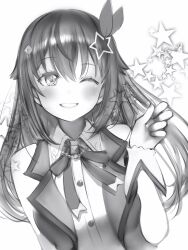 Rule 34 | 1girl, ;), absurdres, bare arms, bare shoulders, blush, buttons, greyscale, hair between eyes, hair ornament, highres, hololive, long hair, looking at viewer, monochrome, nanashi (nlo), neck ribbon, one eye closed, parted lips, ribbon, simple background, sketch, sleeveless, smile, solo, star (symbol), star hair ornament, tokino sora, tokino sora (1st costume), upper body, virtual youtuber, wrist cuffs