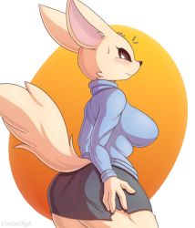 Rule 34 | 1girl, aggressive retsuko, animal ears, animal nose, artist name, black eyes, black skirt, blue sweater, blush, body fur, breasts, commentary, cooliehigh, cowboy shot, english commentary, female focus, fenneko, furry, furry female, highres, large breasts, light brown fur, looking at viewer, looking to the side, simple background, skirt, snout, solo, sweatdrop, sweater, tail