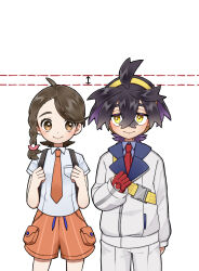 Rule 34 | 1boy, 1girl, absurdres, ahoge, arrow (symbol), black hair, blue shirt, blush, braid, breast pocket, brown eyes, brown hair, closed mouth, collared shirt, colored inner hair, commentary request, creatures (company), game freak, gloves, hair between eyes, height difference, highres, jacket, juliana (pokemon), kieran (pokemon), kyouka. (kyouka), long sleeves, mole, mole on neck, multicolored hair, necktie, nintendo, orange necktie, orange shorts, partially fingerless gloves, pocket, pokemon, pokemon sv, red gloves, red necktie, school uniform, shirt, shorts, single glove, smile, strap, white background, white jacket, white shirt, yellow eyes