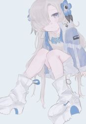 Rule 34 | 1girl, blue background, blue flower, blue hair, blush, boots, faoru ofuton, flower, full body, grey eyes, grey hair, hair flower, hair ornament, hair over one eye, isekai joucho, jacket, kamitsubaki studio, long hair, looking at viewer, multicolored hair, open clothes, open jacket, platform boots, platform footwear, shorts, simple background, sitting, smile, solo, two-tone hair, virtual youtuber