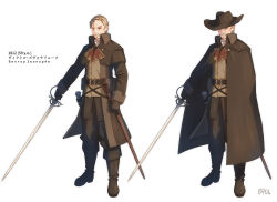 Rule 34 | 1boy, absurdres, beard, black footwear, black gloves, boots, brown cape, brown headwear, brown pants, brown shirt, cape, coreytaiyo, dated, facial hair, full body, gloves, hat, highres, holding, holding sword, holding weapon, knee boots, long sleeves, looking at viewer, male focus, multiple views, mustache, original, pants, russian text, sheath, shirt, signature, simple background, standing, sword, translated, unsheathed, weapon, white background