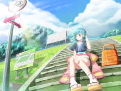Rule 34 | 1girl, ahoge, bad id, bad pixiv id, blue hair, brianchan.t.w, clothes around waist, green hair, map, original, sandals, short hair, sign, sitting, sitting on stairs, socks, stairs, suitcase