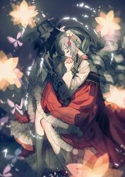 Rule 34 | absurdres, afloat, alternate costume, bare legs, bronya rand, bug, butterfly, chinese commentary, closed eyes, closed mouth, dress, earrings, fetal position, flower, grey hair, hair flower, hair ornament, highres, honkai: star rail, honkai (series), insect, interlocked fingers, jewelry, long hair, long sleeves, mie xing, red dress, seele (honkai: star rail), solo focus, water, white sleeves