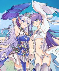 Rule 34 | 2girls, :d, arm up, armlet, armpits, bare shoulders, beach, blue eyes, crop top, crossover, crotch plate, detached sleeves, dress, duel monster, fate (series), fins, grey hair, head fins, highres, long hair, long sleeves, meltryllis (fate), multiple girls, open mouth, pelvic curtain, purple hair, sleeves past fingers, sleeves past wrists, smile, stomach, tearlaments kitkallos, thighs, tiara, wen zhi (717256), yu-gi-oh!