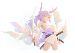 Rule 34 | 1girl, animal ear fluff, animal ears, armpits, bare shoulders, bigrbear, breasts, cowboy shot, cropped legs, detached sleeves, green eyes, hair between eyes, holding, holding sword, holding weapon, japanese clothes, katana, kimono, looking at viewer, medium breasts, mouth hold, obi, original, ponytail, purple hair, sash, simple background, solo, strapless, sword, tail, weapon, white background