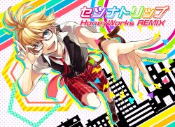 Rule 34 | 1boy, adapted costume, adjusting eyewear, belt, bespectacled, blonde hair, blue eyes, boots, brown belt, brown footwear, cross-laced footwear, glasses, honeyworks, kagamine len, knee boots, looking at viewer, male focus, open mouth, outstretched arm, patterned background, plaid, plaid shorts, red-framed eyewear, setsuna trip (vocaloid), short ponytail, shorts, smile, solo focus, song name, sweater vest, vocaloid, yamako (state of children)