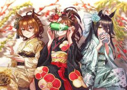 Rule 34 | 3girls, absurdres, agnes tachyon (umamusume), ahoge, animal ears, black hair, black kimono, blurry, blurry background, bottle, bow, braid, branch, brown hair, character request, closed mouth, covering face, cup, feet out of frame, floral print, flower, glint, green kimono, grin, hair bow, hair flower, hair ornament, highres, holding, holding bottle, holding cup, holding saucer, horse ears, japanese clothes, kimono, long hair, looking at viewer, manhattan cafe (umamusume), medium hair, multicolored hair, multiple girls, nayuta ggg, obi, orange eyes, sash, saucer, sitting, smile, streaked hair, teacup, teeth, umamusume, yellow eyes, yellow kimono