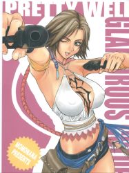 Rule 34 | 00s, 1girl, armband, armpits, artbook, belt, belt pouch, black shorts, blue eyes, breasts, brown hair, capelet, cleavage, covered erect nipples, crop top, dual wielding, final fantasy, final fantasy x, final fantasy x-2, gangsta hold, glamorous colors 1, gun, hair ornament, halterneck, handgun, holding, lace, large breasts, long hair, midriff, momoi nanabei, no bra, non-web source, one eye closed, pistol, ponytail, pouch, pretty well, scan, short shorts, shorts, skirt, smile, solo, tattoo, very long hair, weapon, wink, yuna, yuna (ff10)