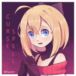 Rule 34 | 1girl, absurdres, ahoge, artist name, bare shoulders, bellavoirr, black gloves, blonde hair, blue eyes, blush, border, bow, collarbone, crossed bangs, english text, female focus, gloves, gradient background, hair bow, hands up, highres, interlocked fingers, looking at viewer, off-shoulder sweater, off shoulder, open mouth, original, outside border, own hands together, purple background, purple bow, red sweater, short hair, sidelocks, signature, simple background, skin tight, solo, sweater, upper body, wall-eyed, white border