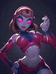 Rule 34 | 1girl, fewer digits, android, animated, animated gif, bare shoulders, bra, breasts, brown hair, cleavage, courtney gears, cowboy shot, glowing, glowing eyes, headphones, heart, humanoid robot, looking at viewer, midriff, navel, no pupils, pink bra, pink eyes, ratchet &amp; clank, ratchet &amp; clank: up your arsenal, red lips, robot, signature, simple background, solo, underwear