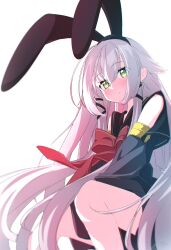 Rule 34 | 1girl, altina orion, animal ears, black sailor collar, black shirt, black skirt, blush, bow, bowtie, closed mouth, detached sleeves, eiyuu densetsu, fake animal ears, green eyes, hajimari no kiseki, highres, long hair, looking at viewer, official alternate costume, rabbit ears, red bow, red bowtie, rizuaki, sailor collar, sen no kiseki, sen no kiseki iv, shirt, simple background, sitting, skirt, solo, very long hair, white background, white hair