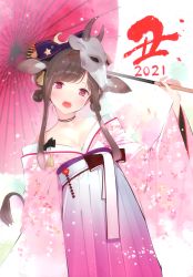 Rule 34 | 1girl, 2021, absurdres, ama mitsuki, animal ears, bow, breasts, brown hair, cleavage, cow ears, cow girl, cow tail, cowboy shot, hair bow, highres, holding, holding umbrella, japanese clothes, jewelry, kimono, long sleeves, looking at viewer, mask, mask on head, necklace, new year, off shoulder, open mouth, original, red eyes, scan, sidelocks, solo, tail, umbrella, wide sleeves