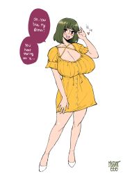 Rule 34 | + +, 1girl, adjusting eyewear, artist name, breasts, cleavage, contrapposto, curvy, dress, english text, full body, glasses, green hair, heart, highres, large breasts, looking at viewer, norman maggot, original, short dress, short hair, short sleeves, simple background, smile, speech bubble, standing, sweatdrop, white background, yellow dress