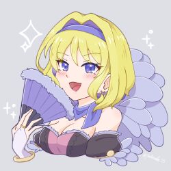 Rule 34 | 1girl, bare shoulders, blonde hair, blue choker, blue eyes, blue hairband, bracelet, breasts, bridal gauntlets, choker, cleavage, commentary request, constance von nuvelle, cropped torso, dress, earrings, fire emblem, fire emblem: three houses, fire emblem warriors: three hopes, folding fan, grey background, hair intakes, hairband, hand fan, highres, holding, holding fan, jewelry, nintendo, off-shoulder dress, off shoulder, official alternate costume, official alternate hairstyle, putisuke (putisuke13), short hair, small breasts, solo, upper body