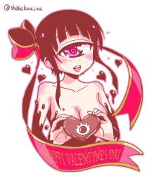 Rule 34 | 1girl, :d, black hair, blunt bangs, blush, breasts, chocolate, cleavage, commentary request, cyclops, dot nose, english text, hair ribbon, happy valentine, heart, heart-shaped pupils, hitomi sensei no hokenshitsu, holding, large breasts, looking at viewer, manaka hitomi, naked chocolate, nude, one-eyed, open mouth, ribbon, shake-o, simple background, smile, solo, symbol-shaped pupils, twitter username, upper body, valentine, white background