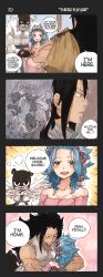 Rule 34 | 1boy, 1girl, black hair, blue hair, english text, fairy tail, fingerless gloves, gajeel redfox, gloves, highres, levy mcgarden, long hair, pantherlily, piercing, rusky, speech bubble, tagme
