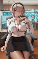 Rule 34 | 1girl, alternate costume, black hairband, black skirt, blue eyes, blush, breasts, cleavage, clothes lift, collarbone, collared shirt, contemporary, dress, dress lift, dress shirt, foxyreine, hairband, hand up, highres, indoors, lanyard, large breasts, long sleeves, looking at viewer, mole, mole under mouth, nier:automata, nier (series), no blindfold, office lady, on chair, open mouth, pencil skirt, shirt, short hair, sitting, skirt, solo, white hair, white shirt, 2b (nier:automata)