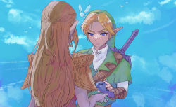 Rule 34 | 1boy, 2girls, armor, belt, blonde hair, blue eyes, blue sky, closed mouth, collared shirt, dress, earrings, elbow gloves, eyebrows, fairy, from behind, gauntlets, gloves, green headwear, hat, highres, holding, holding instrument, instrument, jewelry, link, long hair, looking at another, master sword, multiple girls, navi, nintendo, ocarina, parted bangs, pointy ears, princess zelda, shirt, short hair, short sleeves, shoulder armor, sky, standing, sword, the legend of zelda, the legend of zelda: ocarina of time, triforce, triforce earrings, tunic, upper body, weapon, weapon on back, yamoooon21