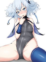 Rule 34 | 1girl, :p, absurdres, areola slip, arm behind back, bare shoulders, black leotard, blue eyes, blue thighhighs, blush, breasts, covered erect nipples, covered navel, cowboy shot, girls&#039; frontline, groin, headgear, highres, leotard, licking, licking finger, looking at viewer, medium hair, pa-15 (girls&#039; frontline), physisyoon, silver hair, simple background, single thighhigh, sitting, small breasts, solo, spread legs, thighhighs, thighs, tongue, tongue out, twintails, two side up, white background