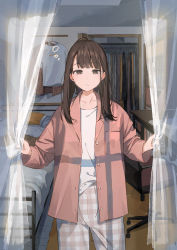 Rule 34 | 1girl, absurdres, bed, bedroom, brown eyes, brown hair, chair, collared shirt, comiket 99, curtains, desk, facing viewer, highres, indoors, medium hair, messy hair, morning, open mouth, original, pajamas, sako (35s 00), shirt, solo, standing