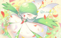 Rule 34 | artist name, blush, closed eyes, commentary request, creatures (company), flower, from above, game freak, gardevoir, gen 3 pokemon, head back, kamui natsuki, nintendo, open mouth, outstretched arms, petals, pokemon, pokemon (creature), smile, solo, sparkle