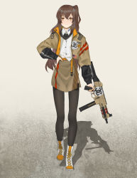 Rule 34 | 1girl, american flag, black pantyhose, boots, brown eyes, brown hair, brown jacket, brown skirt, chuck (harfmoondark), closed mouth, counter-strike (series), counter-strike 2, girls&#039; frontline, gun, h&amp;k ump, hand on own hip, highres, holding, holding weapon, jacket, long hair, looking at viewer, nail polish, open clothes, open jacket, pantyhose, scar, scar across eye, scar on face, shirt, simple background, skirt, smile, solo, standing, submachine gun, ump45 (girls&#039; frontline), uniform, weapon, white footwear, white shirt, yellow nails