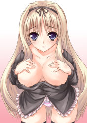 Rule 34 | 00s, 1girl, blonde hair, blue eyes, blush, breast suppress, breasts, cameltoe, cleavage, clothes pull, downblouse, dress, embarrassed, frills, hairband, kusugawa sasara, large breasts, leaning forward, long hair, looking at viewer, no bra, open mouth, panties, shirt pull, solo, striped clothes, striped panties, thighhighs, to heart (series), to heart 2, underwear, utakata (kochou no yume), very long hair, zettai ryouiki