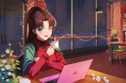 Rule 34 | 1girl, absurdres, anger origin, aqua eyes, black hair, blanket, blush, cafe, chair, coffee, coffee cup, computer, cream, cream on face, cup, disposable cup, elbows on table, fate/stay night, fate (series), food, food on face, glass door, green eyes, hair over shoulder, high ponytail, highres, holding, holding cup, indoors, jewelry, korean commentary, laptop, lights, long hair, looking at viewer, necklace, night, one eye closed, open mouth, pendant, ponytail, smile, snowing, solo, steam, table, tohsaka rin, turtleneck, window