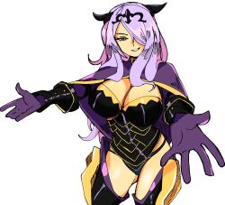 Rule 34 | 1girl, 3amsoda, absurdres, armor, breasts, camilla (fire emblem), cleavage, fire emblem, hair over one eye, highres, incoming hug, large breasts, legs, long hair, looking at viewer, nintendo, outstretched arms, purple eyes, purple hair, smile, solo, thighs