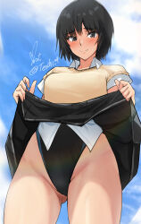 Rule 34 | 1girl, amagami, black hair, black one-piece swimsuit, black skirt, blue sky, blush, bob cut, brown eyes, brown sweater vest, closed mouth, clothes lift, cloud, commentary, competition swimsuit, gluteal fold, highleg, highleg swimsuit, highres, kibito high school uniform, lifted by self, looking at viewer, nanasaki ai, one-piece swimsuit, raised eyebrows, school uniform, shirt, short hair, short sleeves, signature, skirt, skirt lift, sky, smile, solo, split mouth, sweatdrop, sweater vest, swimsuit, swimsuit under clothes, twitter username, white shirt, yoo tenchi