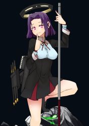 Rule 34 | 10s, 1girl, abyssal ship, glaive (polearm), halberd, halo, kantai collection, looking at viewer, machinery, mechanical halo, personification, pink eyes, polearm, purple hair, ribbon, short hair, smile, tatsuta (kancolle), turret, weapon, yokohachi