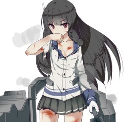 Rule 34 | 10s, 1girl, black hair, blood, cowboy shot, female focus, gloves, heavens thunder (byakuya-part2), injury, isokaze (kancolle), kantai collection, long hair, looking to the side, pleated skirt, red eyes, school uniform, serafuku, skirt, solo, torn clothes, white background, white gloves, wiping mouth
