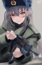 Rule 34 | 1girl, alternate costume, black hat, collared jacket, facial scar, fur hat, gangut (kancolle), green jacket, grey background, grey hair, gun, hair between eyes, hammer and sickle, haruto (harut n), hat, holding, holding gun, holding weapon, jacket, kantai collection, long hair, long sleeves, looking at viewer, military, military jacket, one-hour drawing challenge, orange eyes, papakha, red star, scar, scar on cheek, scar on face, scarf, simple background, smile, solo, star (symbol), weapon