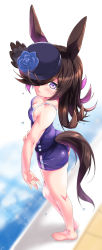 Rule 34 | 1girl, absurdres, animal ears, ass, bare arms, bare legs, bare shoulders, barefoot, black hair, black hat, blue flower, blue hat, blue one-piece swimsuit, blue rose, blurry, blurry background, breasts, cleavage, commentary request, depth of field, flower, from above, from side, full body, hat, hat flower, highres, horse ears, horse girl, horse tail, kneepits, long hair, looking at viewer, looking to the side, looking up, medium breasts, one-piece swimsuit, pool, poolside, porurin, rice shower (umamusume), rose, solo, standing, swimsuit, tail, tilted headwear, umamusume, water, white background