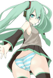 Rule 34 | 1girl, apacchi, aqua hair, ass, bad id, bad pixiv id, female focus, from behind, hatsune miku, highres, long hair, looking at viewer, looking back, necktie, panties, pantyshot, skirt, solo, striped clothes, striped panties, thighhighs, underwear, upskirt, vocaloid